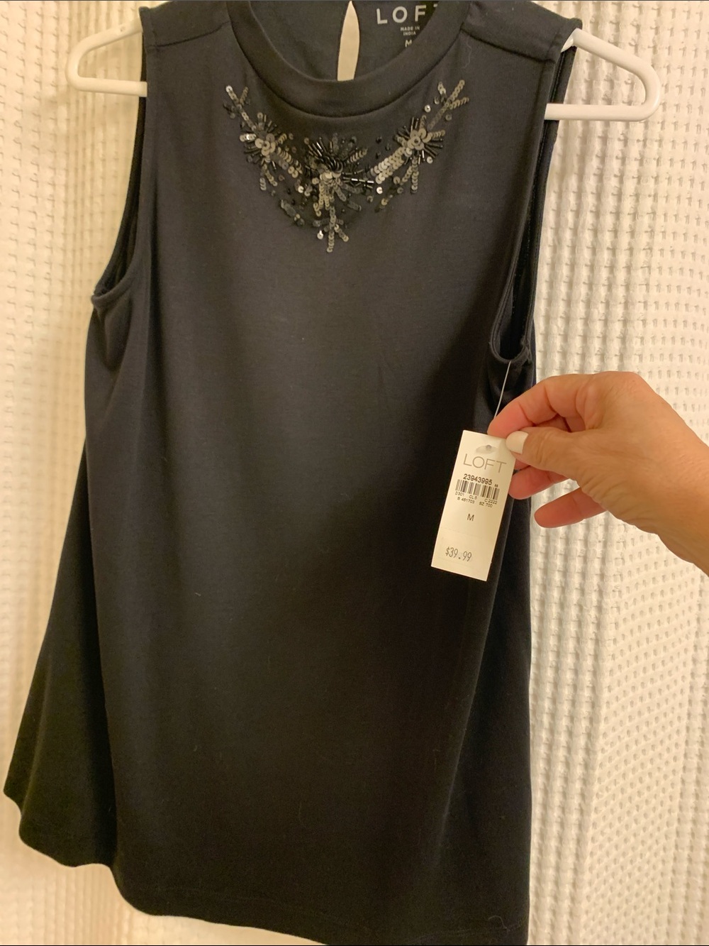 LOFT Black Sleeveless Mock Neck Tank with Sequin Embellishment